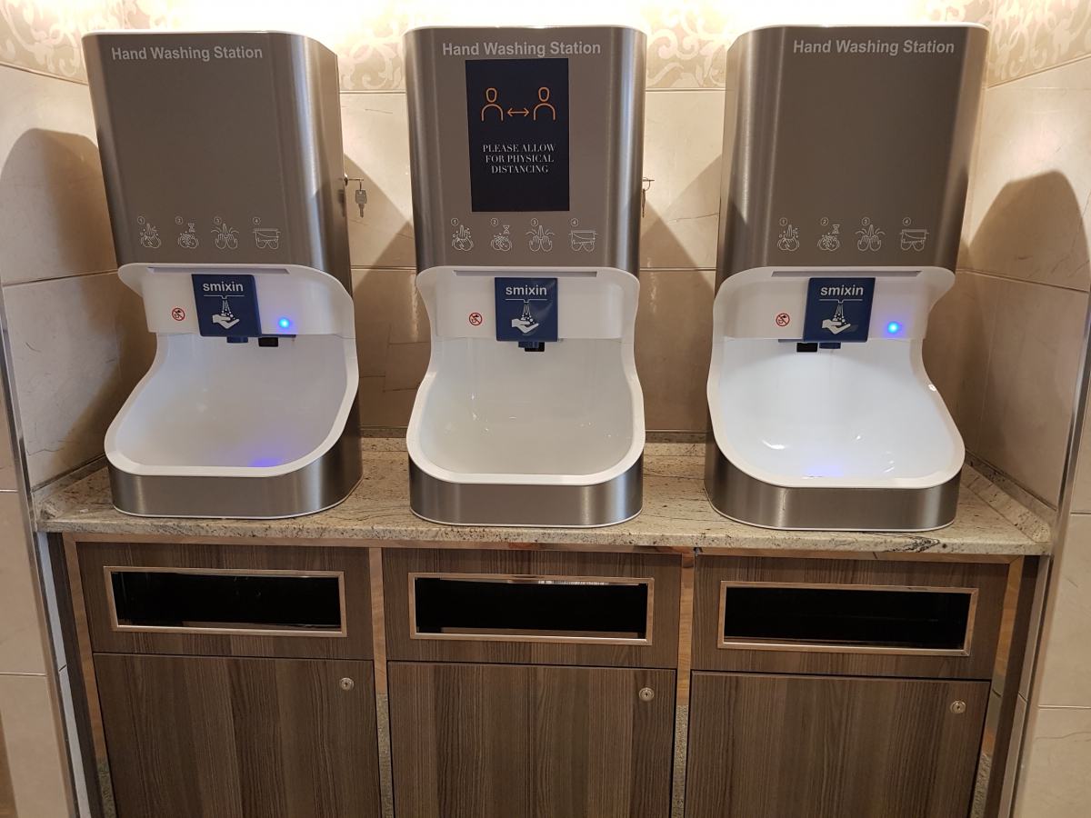 Hand washing stations throughout the ship